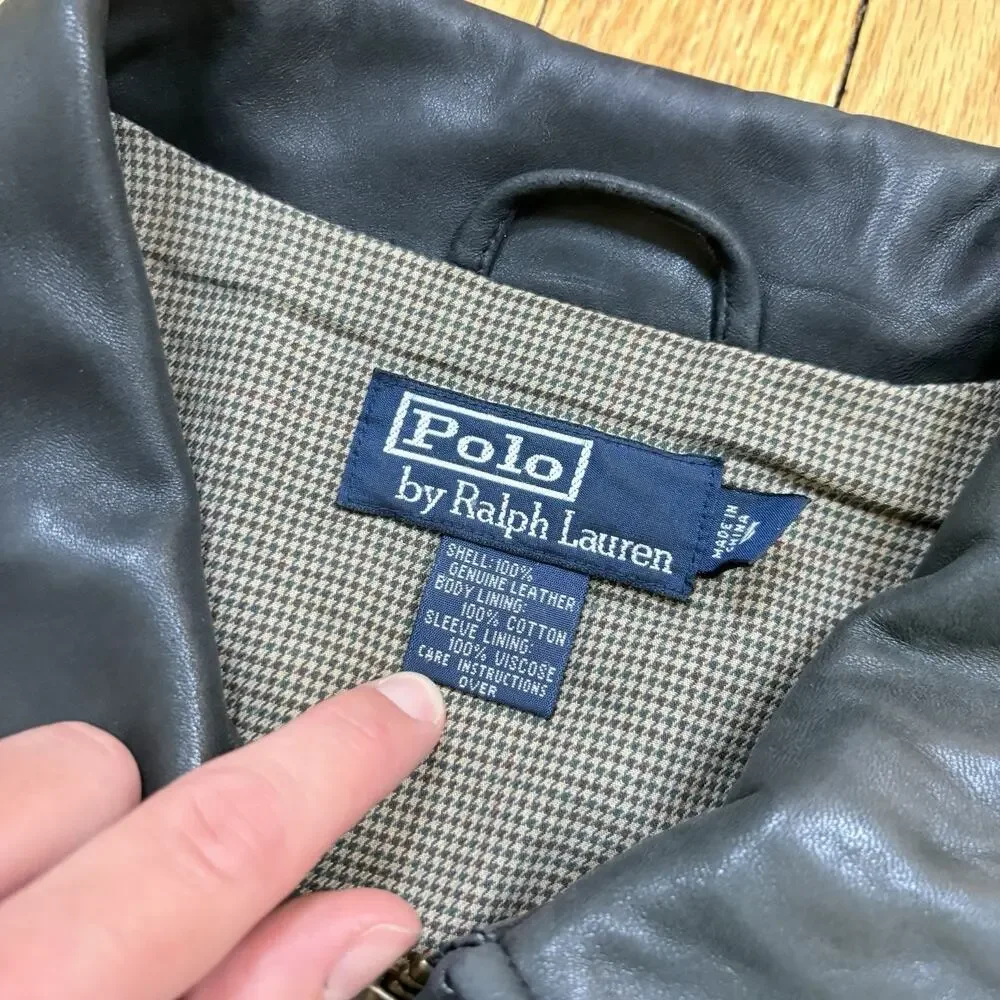 Polo Ralph Lauren Leather Jacket Men’s Size L Zip Front Plaid Lined *Flaw Read - Picture 6 of 16
